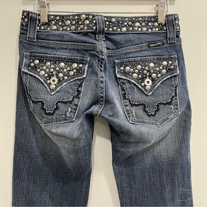 26x30 Miss Me Women's Low Rise Boot Cut Jeans - Dark Blue with Silver Accents